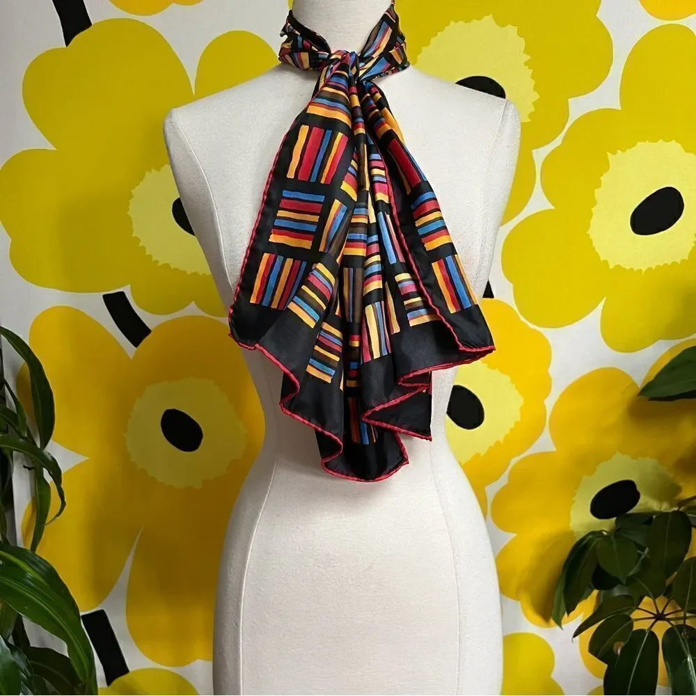 Mod Vintage 70s Primary Color Lines Geometric Hair Neck Bag Scarf
